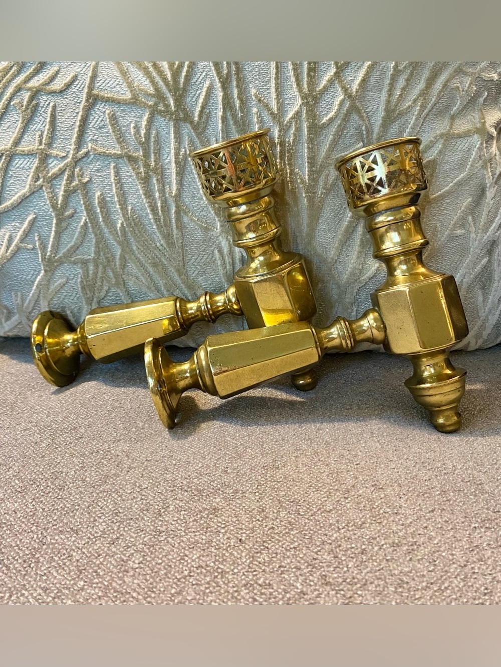 VTG Wall Sconces Candle Holders Brass Pierced Top Hexagonal Base Matching Set 2